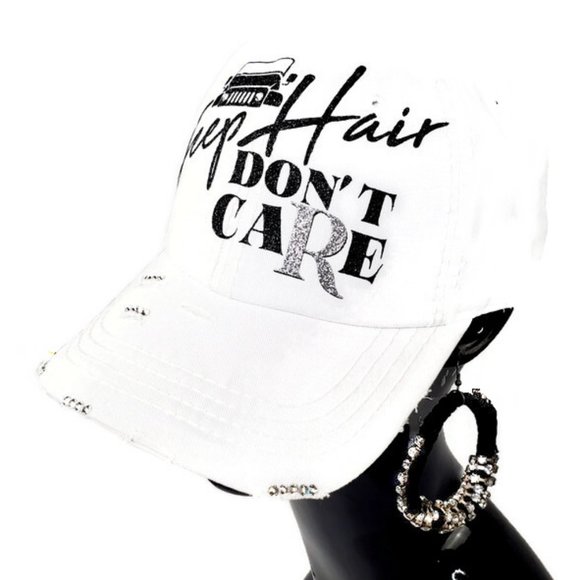 Jeep Hair Don't Care White Distressed Cap with Swarovski Crystals. - Picture 3 of 11